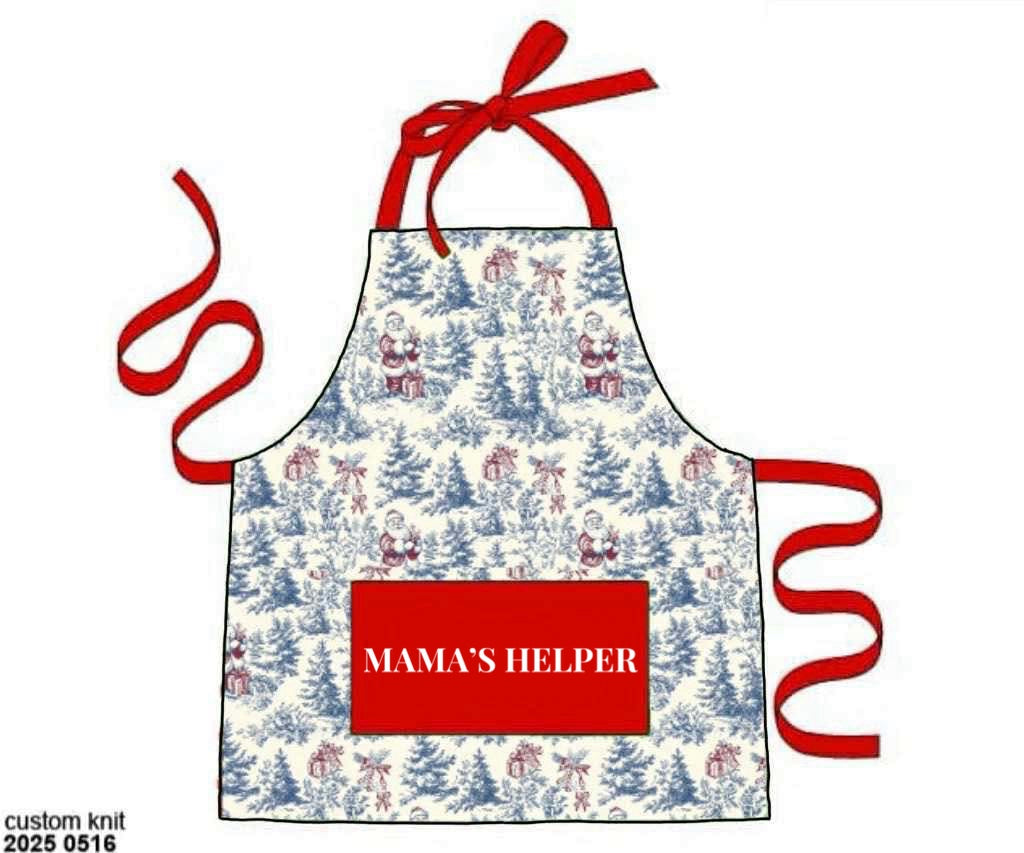 RTS: Santa Toile- Baking Apron- Kids OS/Non-Ruffle “Mama’s Helper”