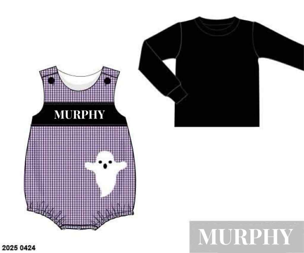 RTS: Halloween Name Smocks- Appliqué Ghost Boys 2pc Woven Bubble "MURPHY"