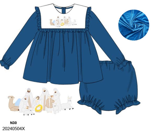 RTS: Blue Velvet Nativity- Girls Embroidered Bloomer Set