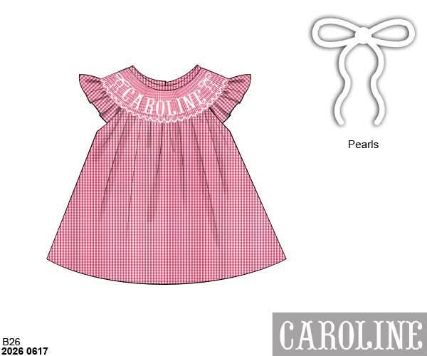Pre Order 146: Name Smocks- Girls Pearl Bows Woven Bishop Shirt