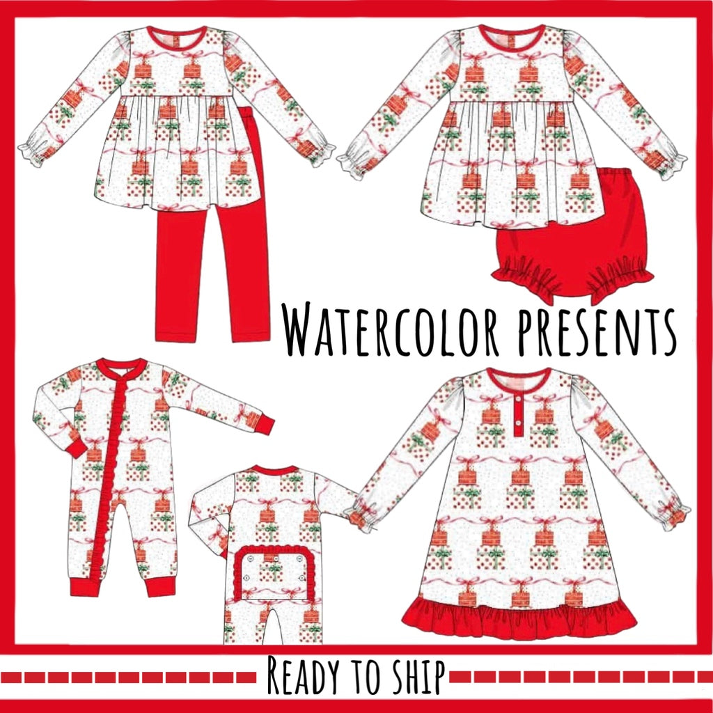 *CHRISTMAS RTS: Watercolor Presents- Girls Knit Bloomer Set