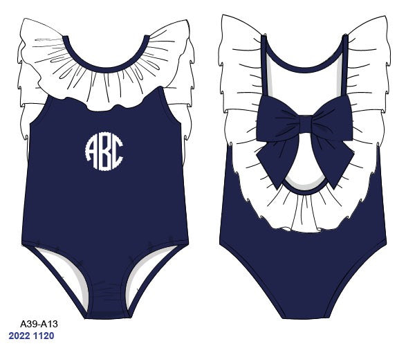Pre Order 152: Classic Navy Swim- Girls 1pc Ruffle Rashguard Swim