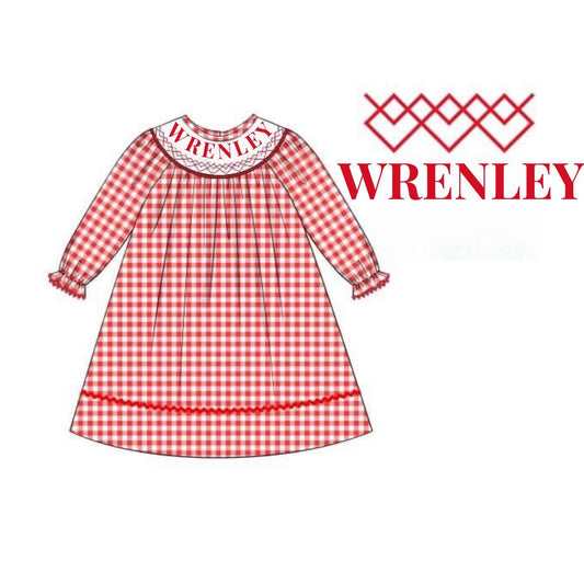 RTS: Christmas Name Smocks- Girls Red Gingham Knit Dress "WRENLEY"