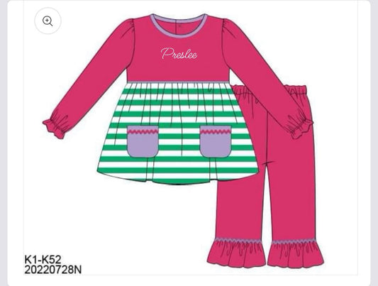 RTS: Girls Only- Pink & Green Stripe Knit Pant Set -"Preslee"