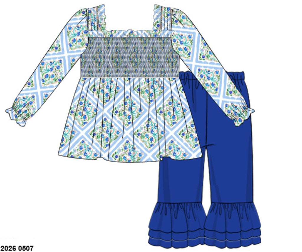 Pre Order 145: Lagoon Floral & August Gingham- Girls Knit Ruffle Pant Set