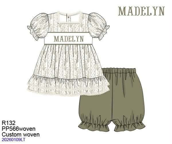 Pre Order 140: Biltmore Vines- Girls Name Smock Knit Bubble Short Set