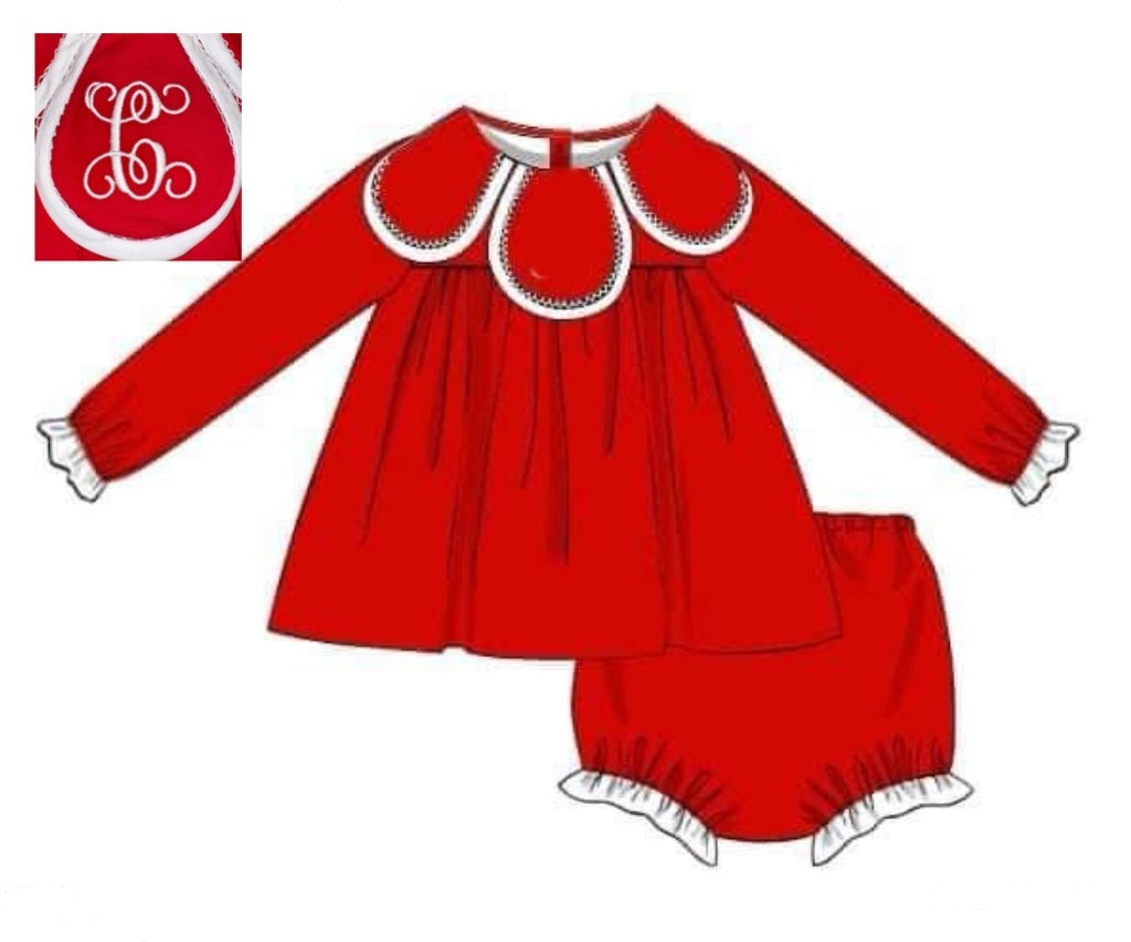 RTS: Christmas Red Knit- Girls Knit Diaper Set- Monogram "C"