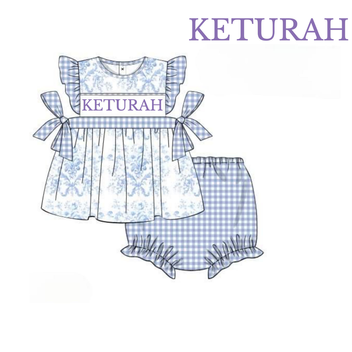 RTS: Defect- Girls Periwinkle Gingham & Toile Knit Diaper Set "KETURAH"