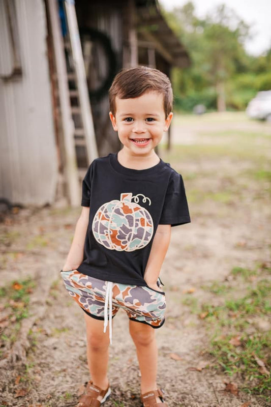Pre Order 126: Camo Pumpkin- Boys Knit Shortie Set