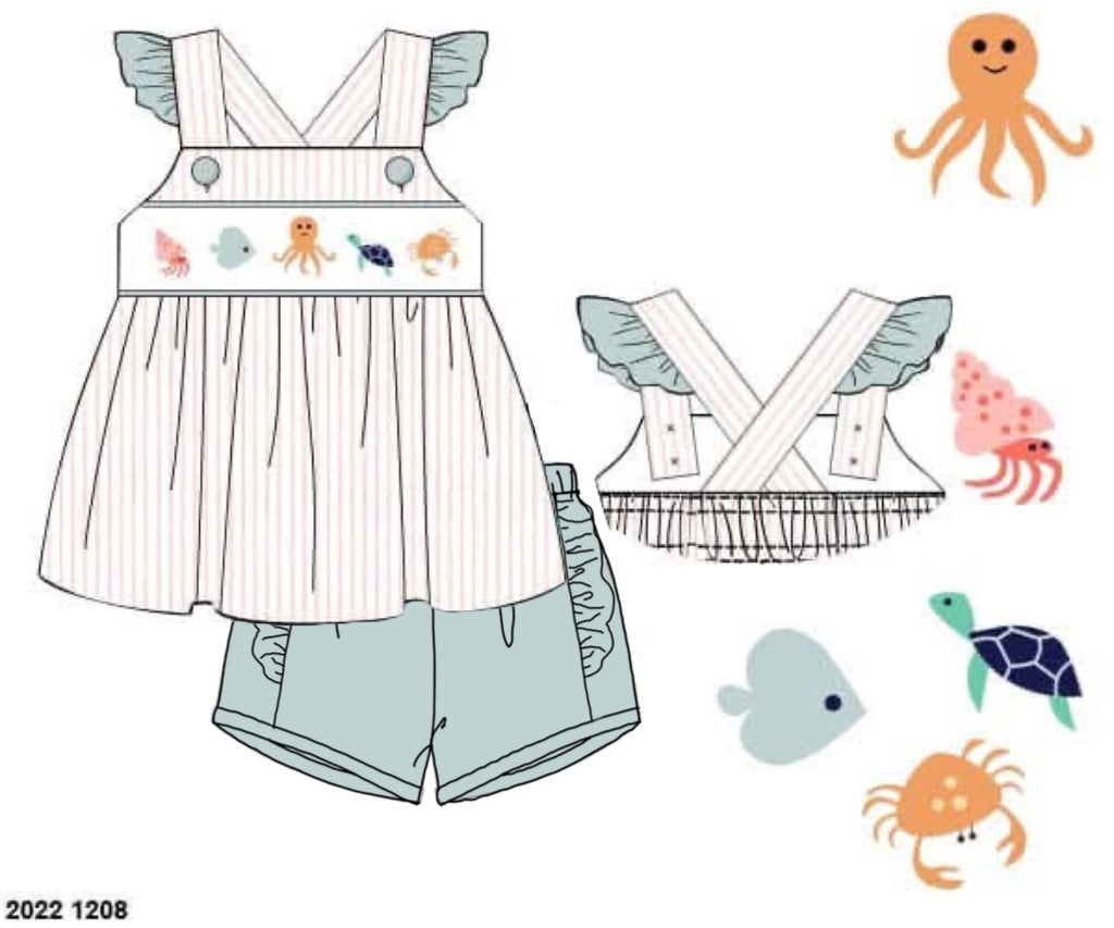 Pre Order 152: Under The Sea- Girls Smocked Shortie Set
