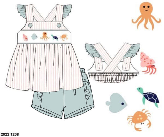 Pre Order 152: Under The Sea- Girls Smocked Shortie Set
