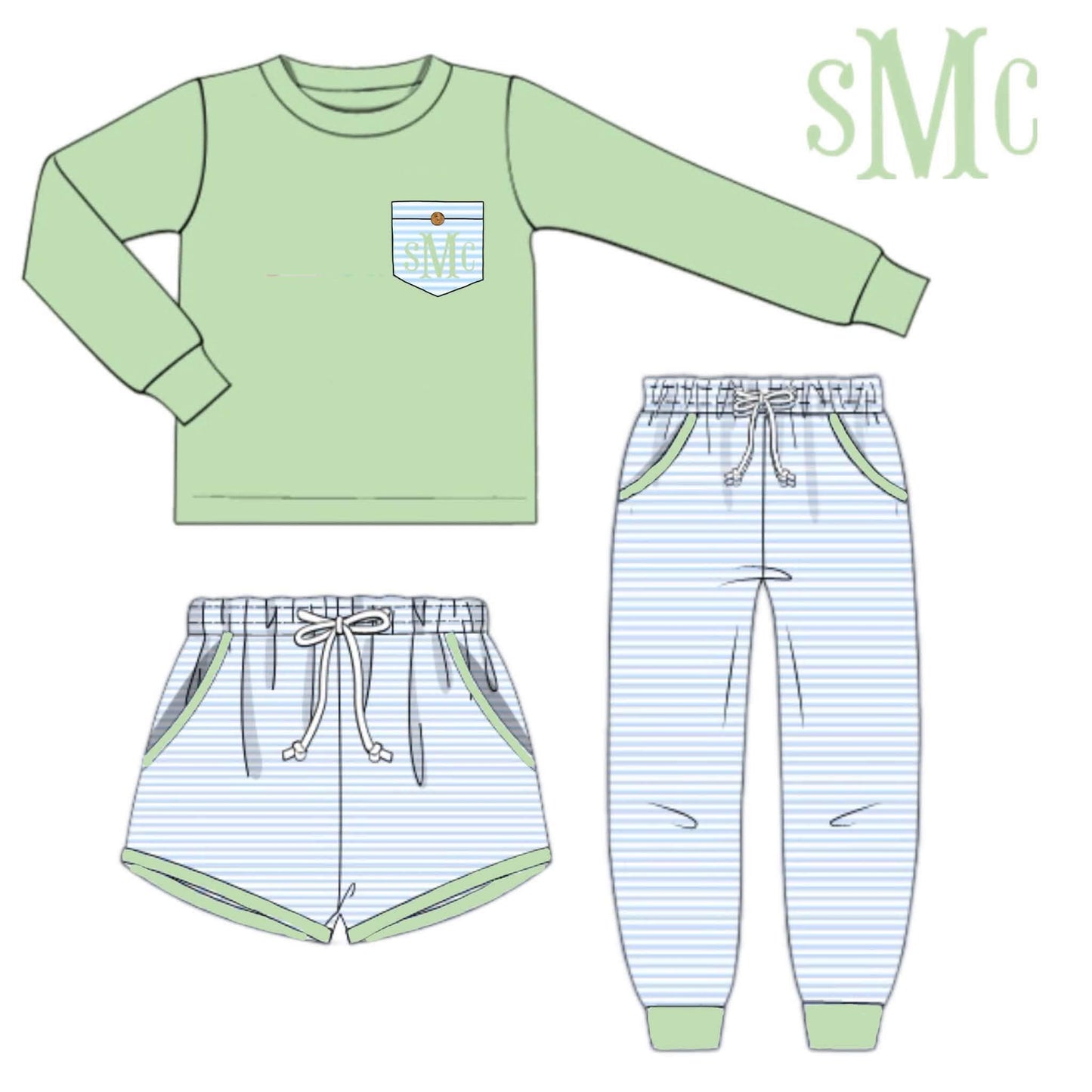 Pre Order 147: Simple 3pc Sets- Boys Pistachio & Blue Stripe Set