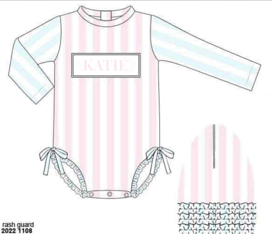 RTS: Pastel Stripes- Girls 1pc Name Smock Rash Guard Swim "KATIE"