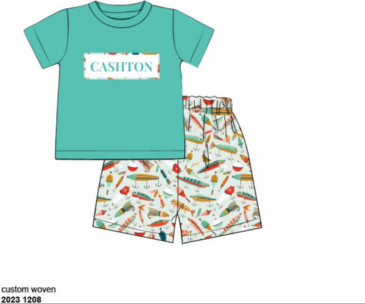 RTS: Go Fish- Boys Knit Name Smock Angled Short Set "CASHTON"