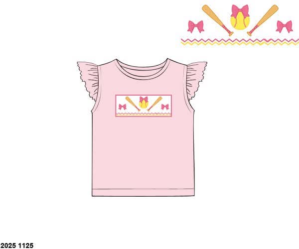 Pre Order 146: Sports- Girls Smocked Softball & Bows Knit Shirt