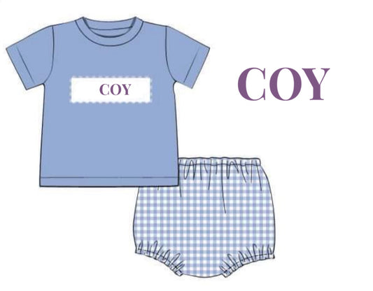 RTS: DEFECT- Boys Periwinkle & Toile Name Smock Knit Diaper Set "COY"