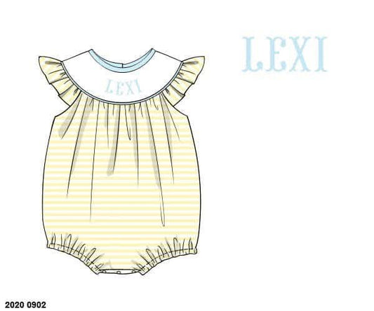 Pre Order 149: Everyday Name Smocks- Girls Blue & Yellow Stripe Knit Bubble