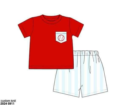 Pre Order 133: Play Ball- Boys Embroidered Angled Short Set
