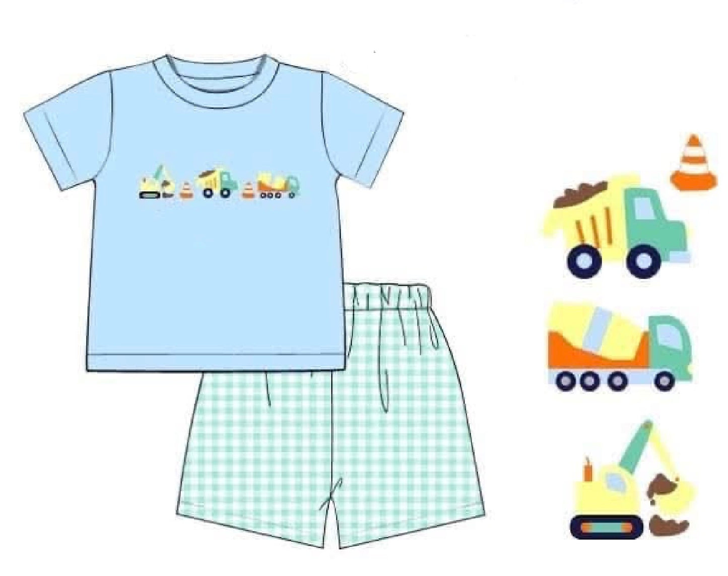 RTS: Embroidered Construction- Boys Knit Angled Short Set