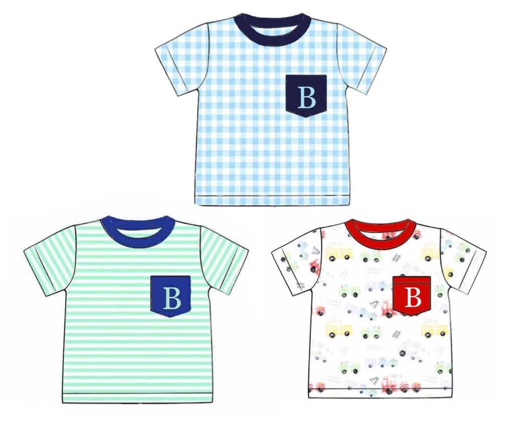 Pre Order 136: 3pc Shirt Pack- Boys Mint Stripe, Blue Gingham, & Transportation