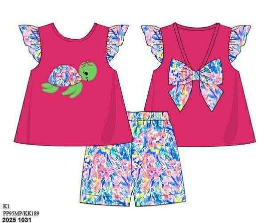 Pre Order 136: Tides & Turtles- Girls Appliqué Knit Biker Short Set