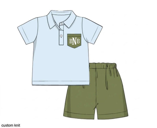Pre Order 149: Lacey's Hydrangea- Boys Knit Polo Traditional Short Set