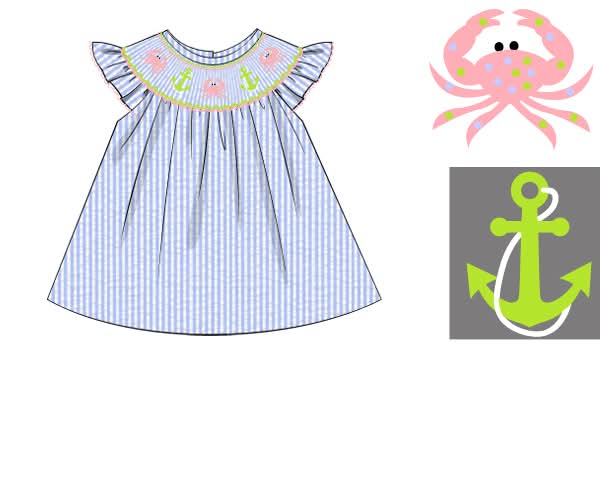 RTS: Critter Collection- Girls Blue Smocked Crab Shirt
