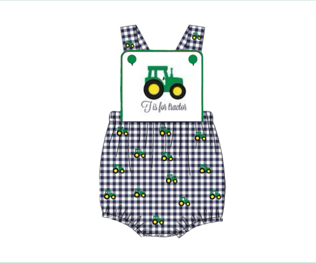 RTS: Green Tractor- Boys Knit Sunsuit