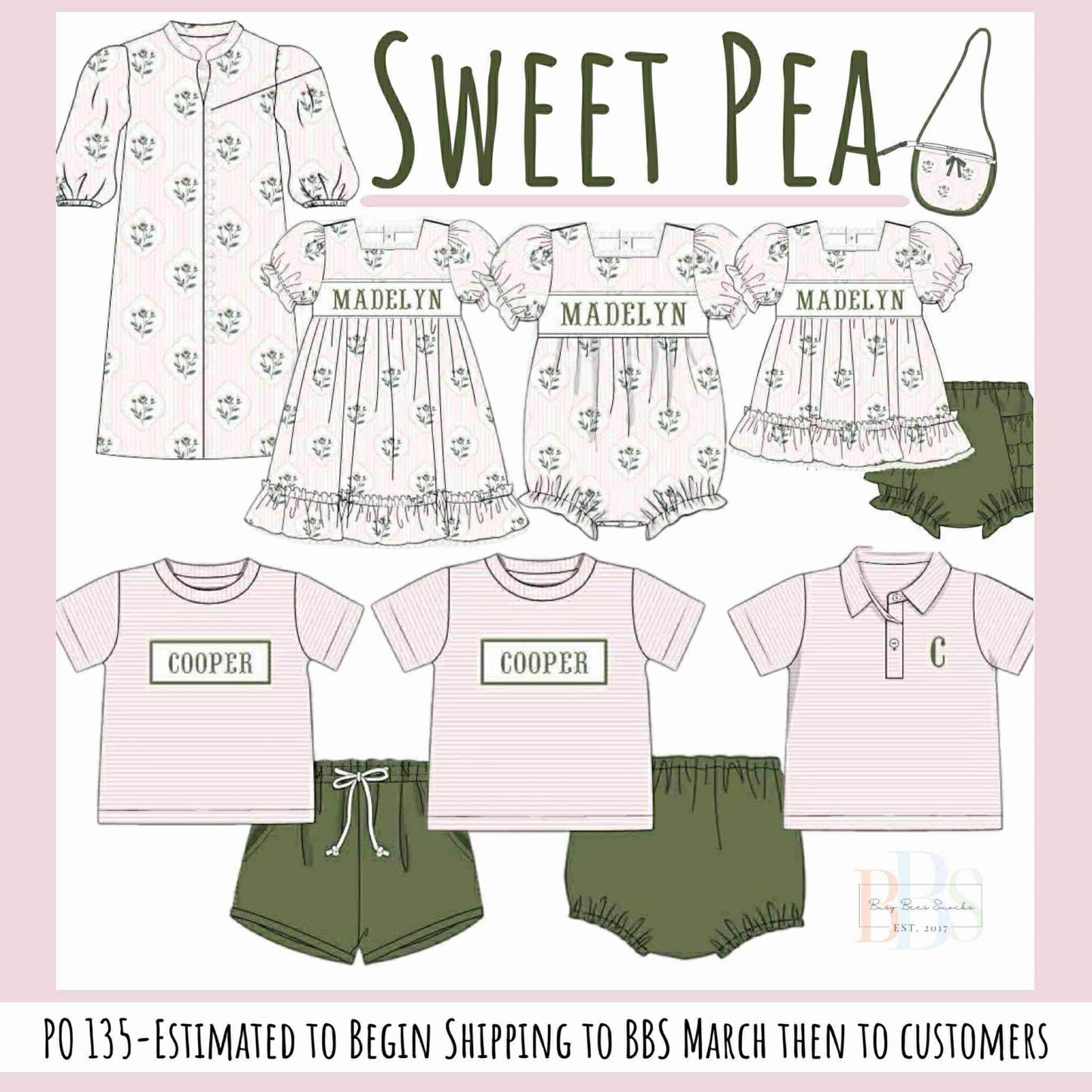 Pre Order 135: Sweet Pea- Girls Knit Name Smock Bloomer Set