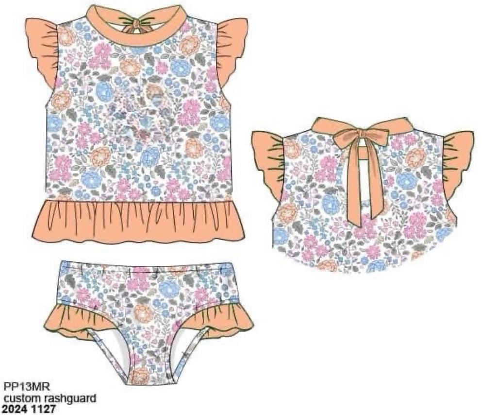 RTS: Capri Floral & Check- Girls 2pc Rash Guard Swim