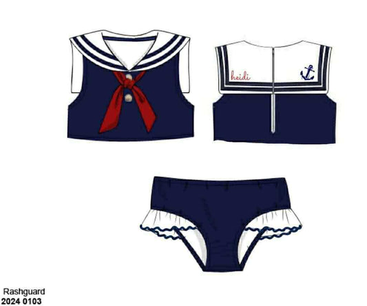 Pre Order 136: Sailors at Sea- Girls Rashguard 2pc Swimsuit W/Collar