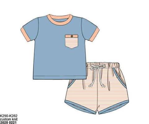 RTS: Peach Stripe & Floral- Boys Knit Shortie Set