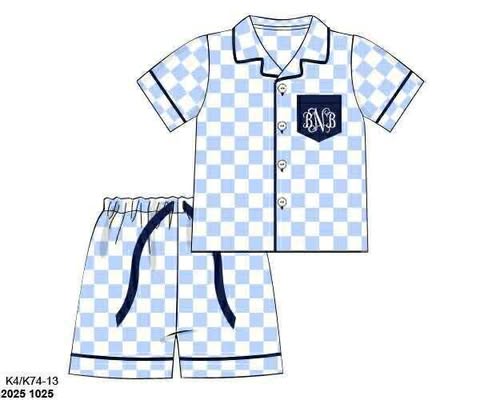 Pre Order 136: Summer Lounge- Blue Check & Navy Mom/Mini 2pc Lounge Set