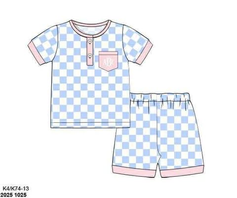 Pre Order 136: Summer Lounge- Girls Blue Check & Pink 2pc Lounge Set