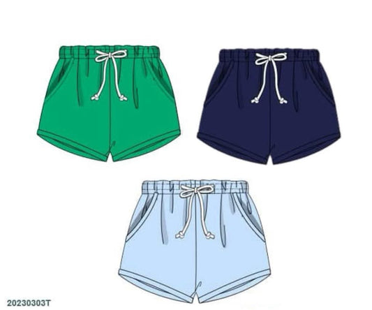 Pre Order 149: Boys Knit Bottoms- 3pc Shortie Short Pack (Green, Navy, Blue)