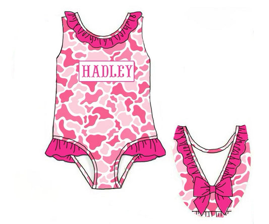 Camo Craze Flash Presale: Swim- Girls Pink 1pc Name Smock Rashguard Suit