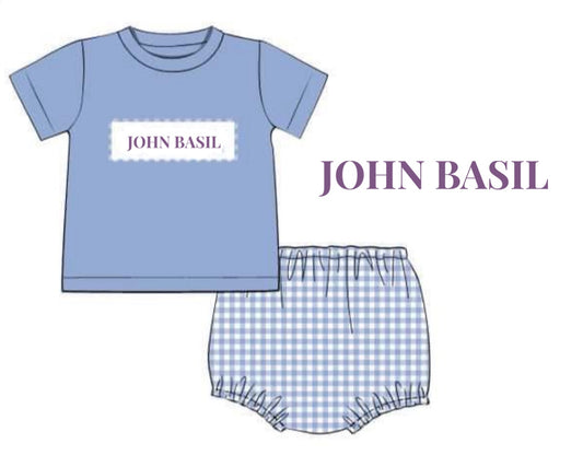 RTS: DEFECT- Boys Periwinkle & Toile Name Smock Knit Diaper Set "JOHN BASIL"