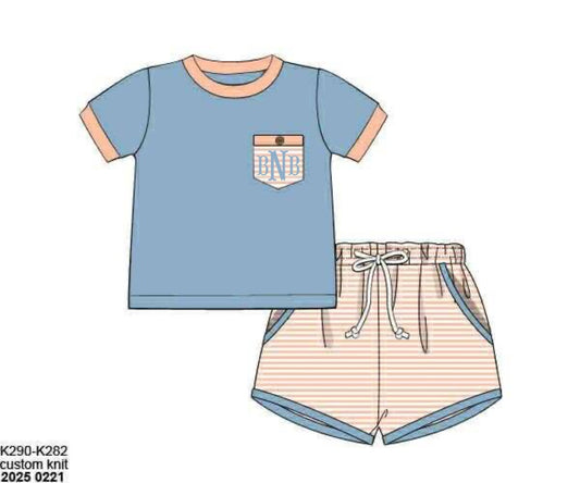 Pre Order 136: Peach Stripe & Floral- Boys Knit Shortie Set