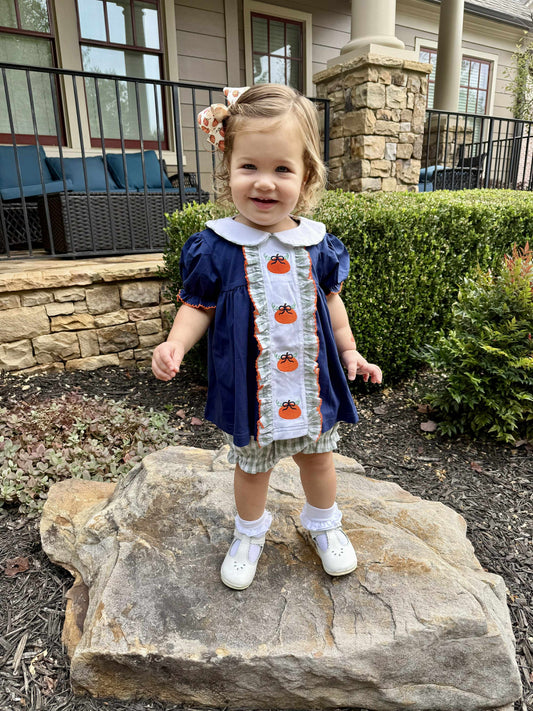 RTS: Navy & Seersucker Check Pumpkins- Girls Bloomer Set