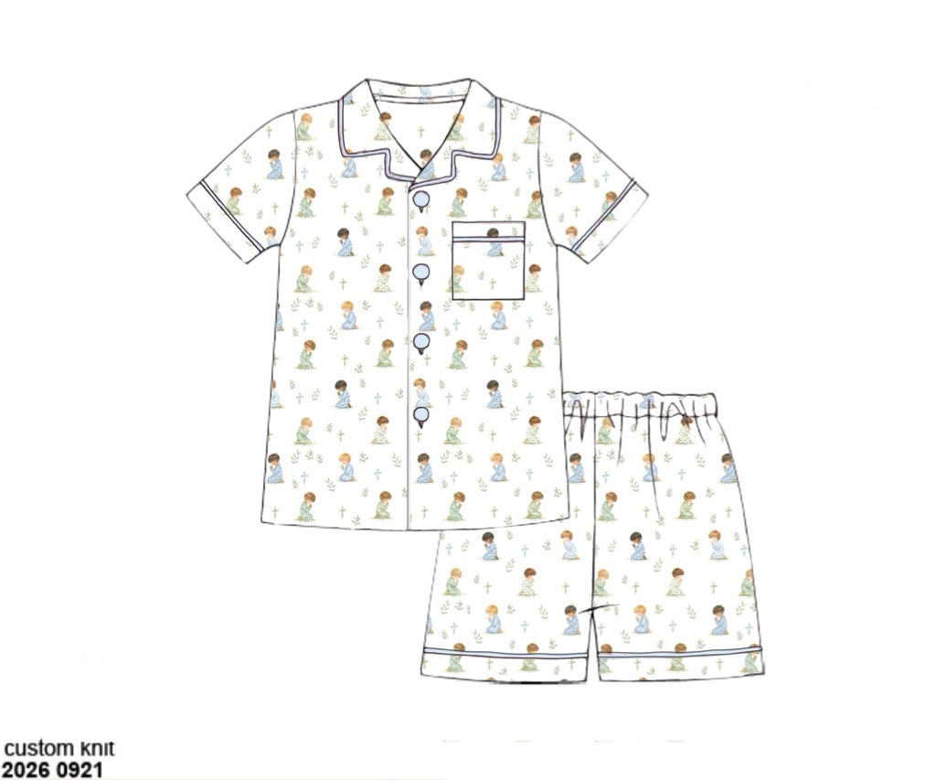 Pre Order 151: Little Hands, Big Prayers- Boys Knit Button Up Lounge Set