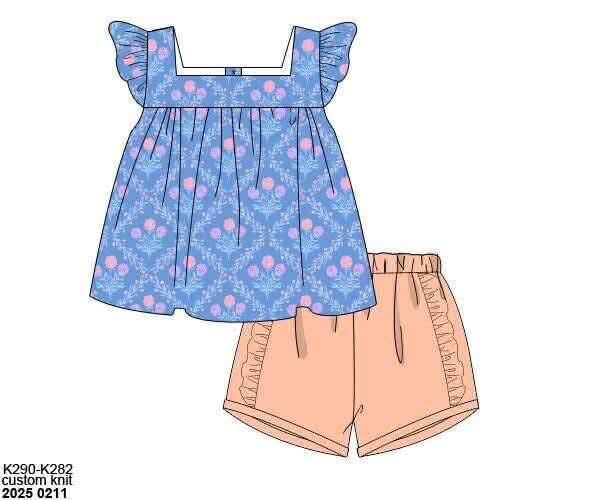 Pre Order 136: Peach Stripe & Floral- Girls Knit Shortie Set