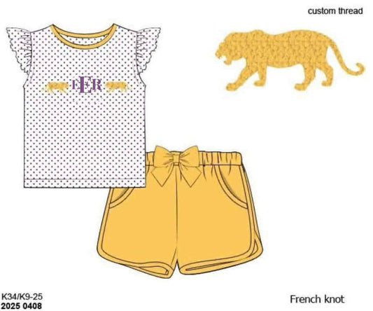 RTS: French Knot Mascot- Gold Tiger Girls Knit Shortie Set "EER"
