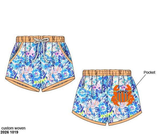 Pre Order 152: Crab Coast- Boys Woven Appliqué Shortie Swim Shorts