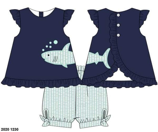 Customer Choice Pre Order 1: Girls Shark Appliqué Bubble Short Set