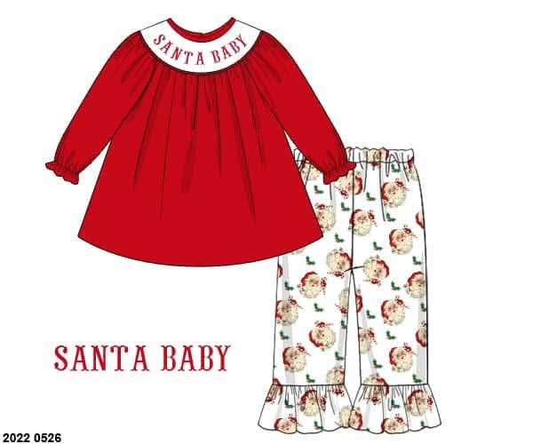*CHRISTMAS RTS: Vintage Santa Name Smocks- Girls Knit Pant Set