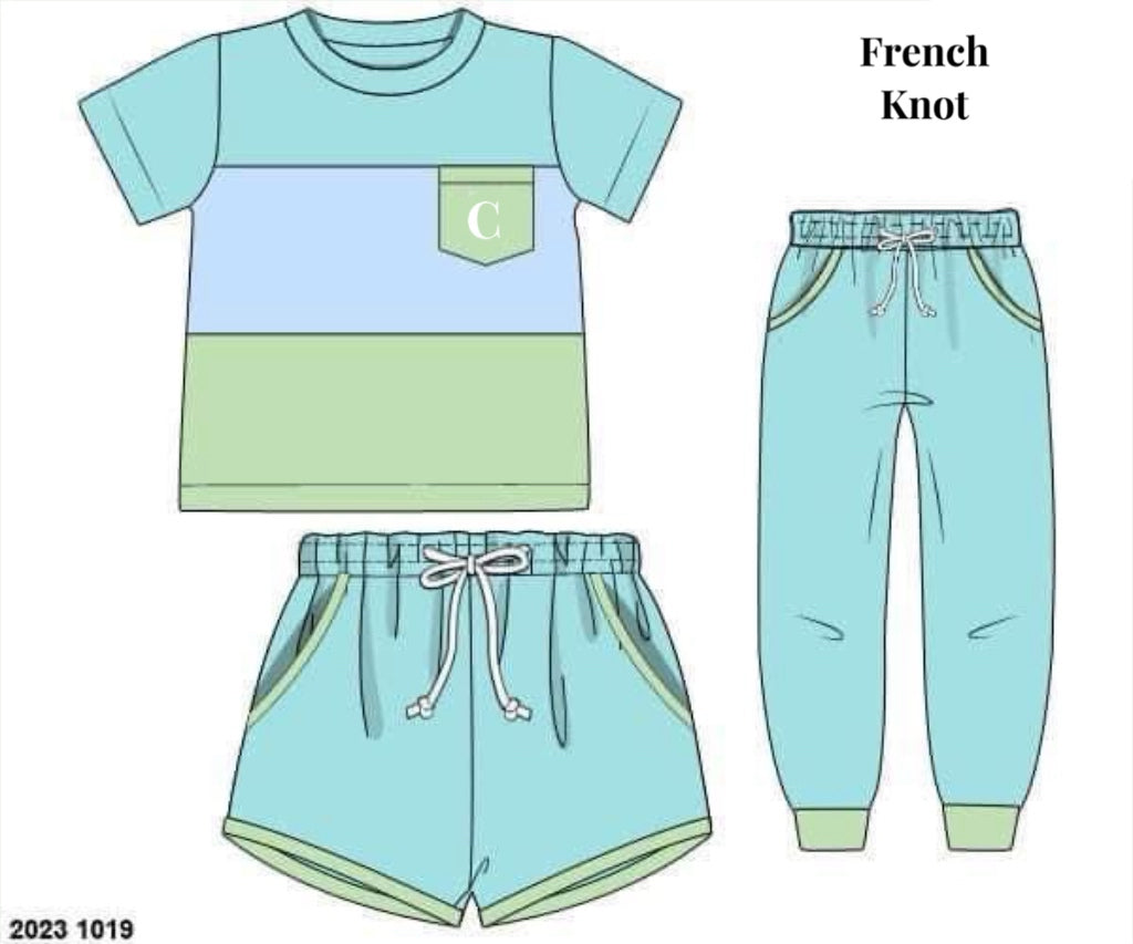 RTS: Delayna’s Colorblock- Boys Teal, Blue, & Green 3pc Knit Set ”C”