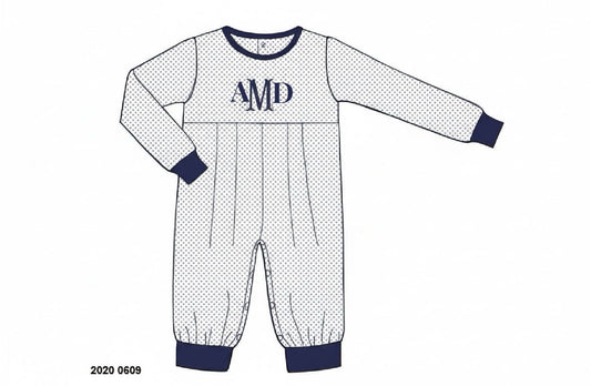 RTS: Bitty Dot Basics-Boys Navy Romper "AMD"