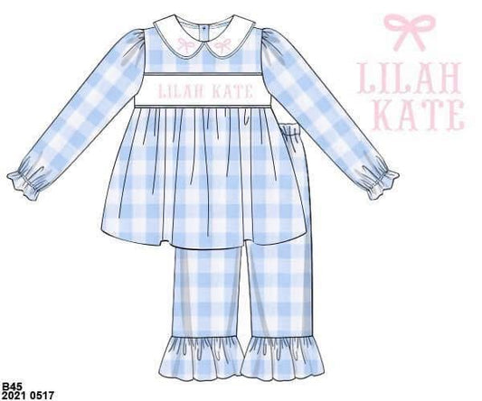 Customer Choice Pre Order 1: Girls Blue Check Woven Pant Set