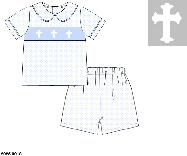Pre Order 148: Bitty Dot Crosses- Boys Knit Angled Short Set