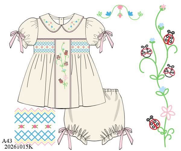Pre Order 152: Girls Only- Ladybug Lane Geo Smocked Bloomer Set